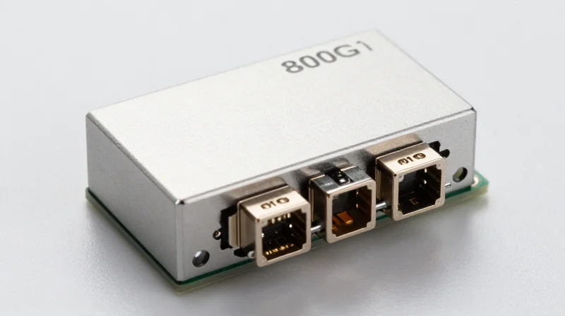 The Evolution to 800G: Understanding the OSFP 2xFR4 Standard A professional studio shot of an 800G OSFP optical transceiver module with a metallic finish.