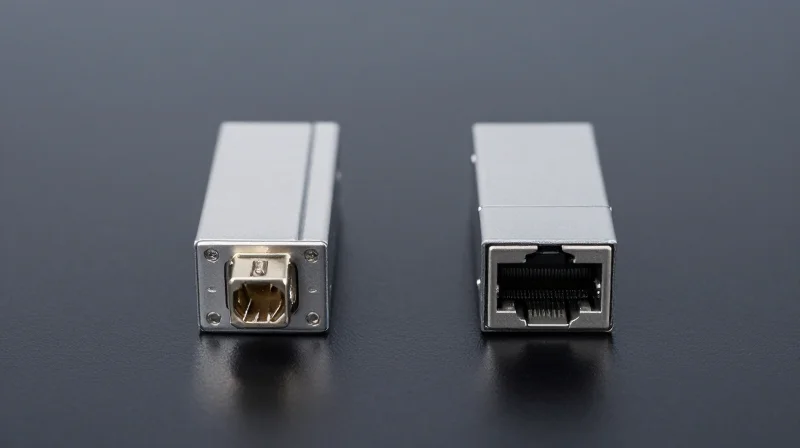 Architecture Deep Dive: 2xFR4 vs. DR8 and 2xLR4 Two different optical transceivers side-by-side on a dark table, highlighting different connector ports.