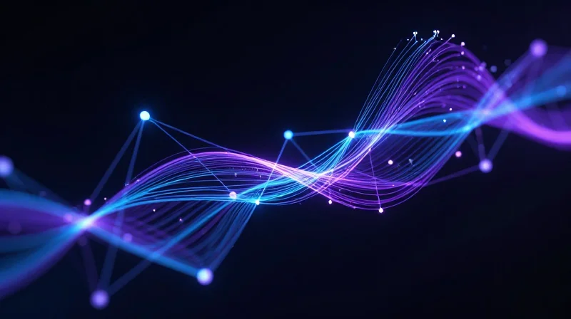 Latency Performance in High-Frequency AI Clusters Abstract digital nodes connected by glowing fiber optic lines representing data flow in an AI cluster.
