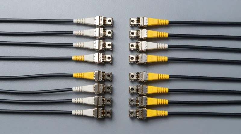 Cabling Infrastructure: Fiber Count and Complexity Top-down view of organized fiber optic cables and transceiver modules on a clean surface.
