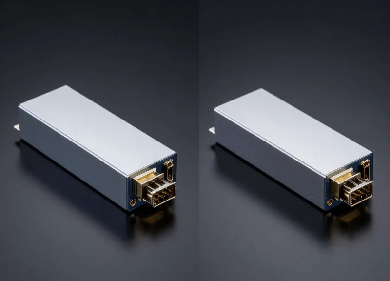 Two high-speed 800G OSFP optical transceiver modules placed side-by-side on a dark, reflective technical surface with professional studio lighting.