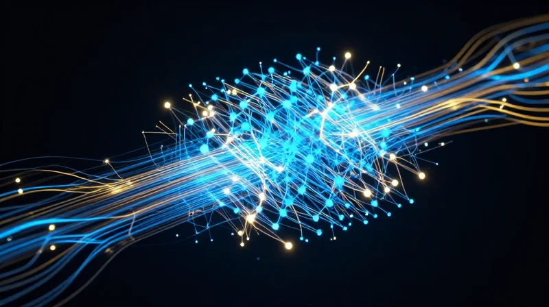 The Strategic Importance of H100 Interconnects in AI Infrastructure Abstract visualization of high-speed data flow in an AI cluster, glowing neural network fiber optics.