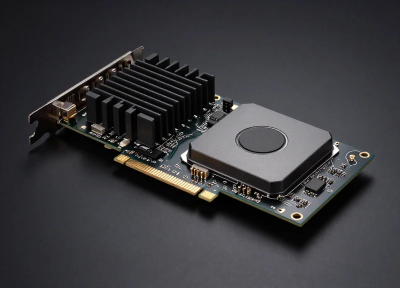 A professional studio photograph of a high-end AI server interconnect module with metallic heatsinks and intricate circuitry on a clean dark background.