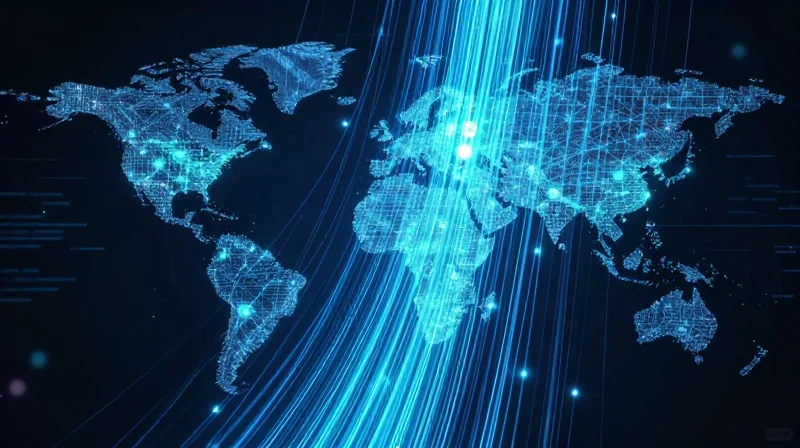 Abstract data visualization showing high-speed data streams flowing in a futuristic network environment.