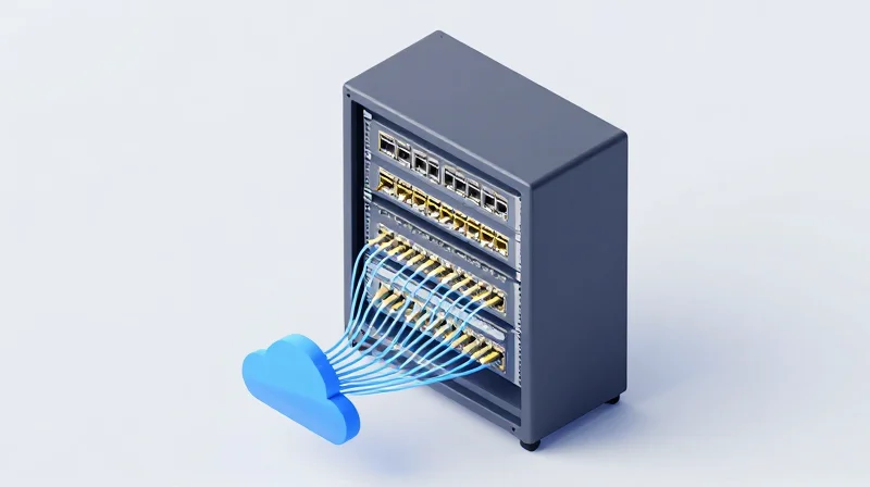 Isometric 3D illustration of a network switch with multiple transceivers integrated seamlessly.