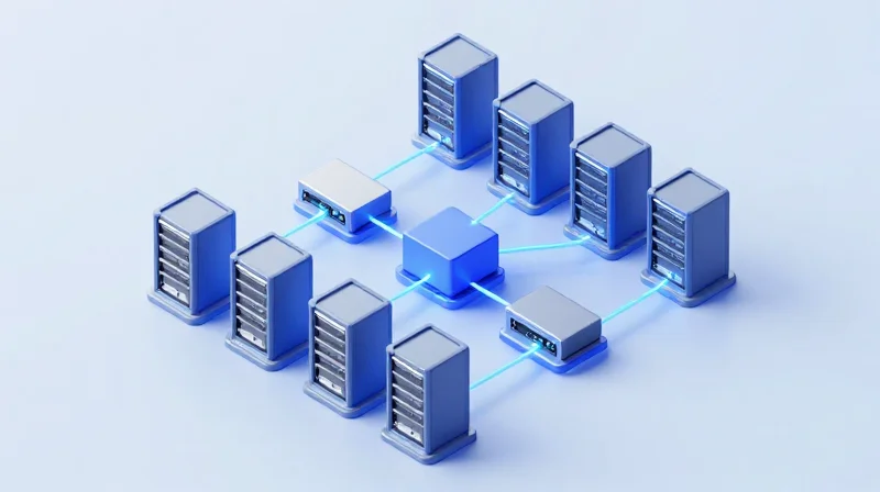 InfiniBand Architecture: Designed for High-Performance Computing Isometric 3D illustration of a highly organized InfiniBand switched fabric network with interconnected modular components.