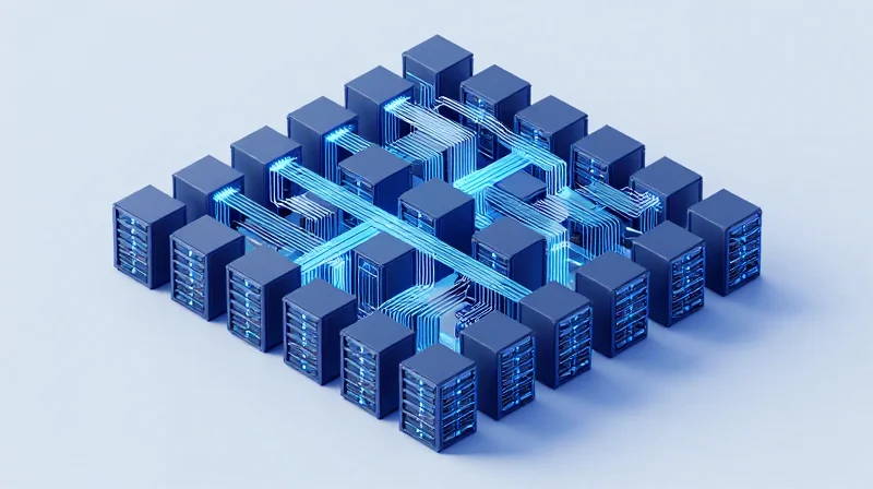 Scalability and Topology: Fat-Tree vs. Leaf-Spine Designs Isometric 3D model of a network cluster hierarchy showing hierarchical nodes and switch connections.