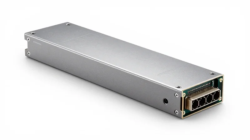 The Role of 800G and 1.6T Optical Transceivers Close-up commercial product shot of a high-speed optical transceiver module with metallic finish.