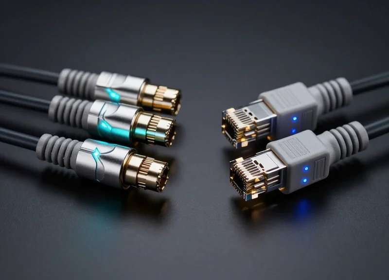 A side-by-side comparison of high-performance networking hardware connectors and fiber optic cables representing InfiniBand and Ethernet technologies in a high-tech environment.