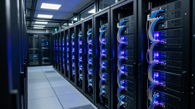 The Rise of 800G LPO in Modern Data Centers A vast modern data center with rows of high-performance servers and glowing fiber optic cables representing 800G connectivity.