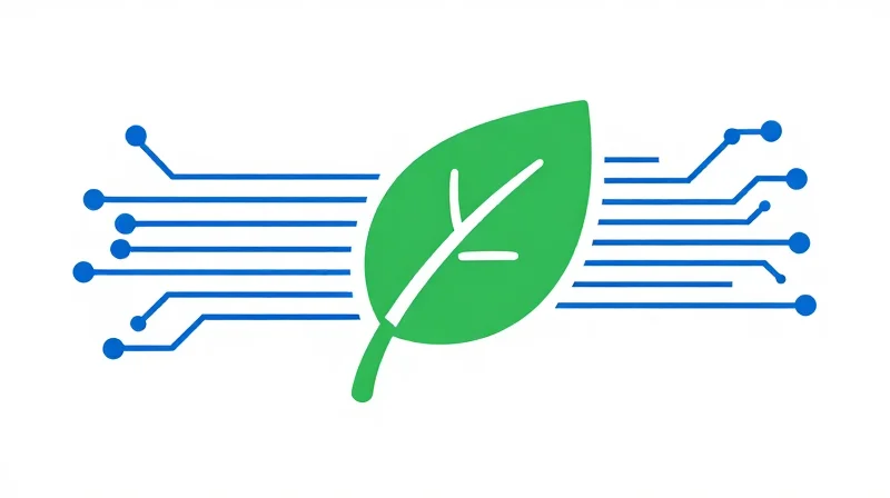Slashing Power Consumption for Greener Networks Abstract flat vector illustration of a server circuit with a leaf motif symbolizing energy efficiency.