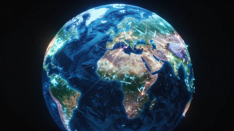 Strategic Applications for Global Infrastructure A digital earth globe with glowing network lines representing global infrastructure connectivity.