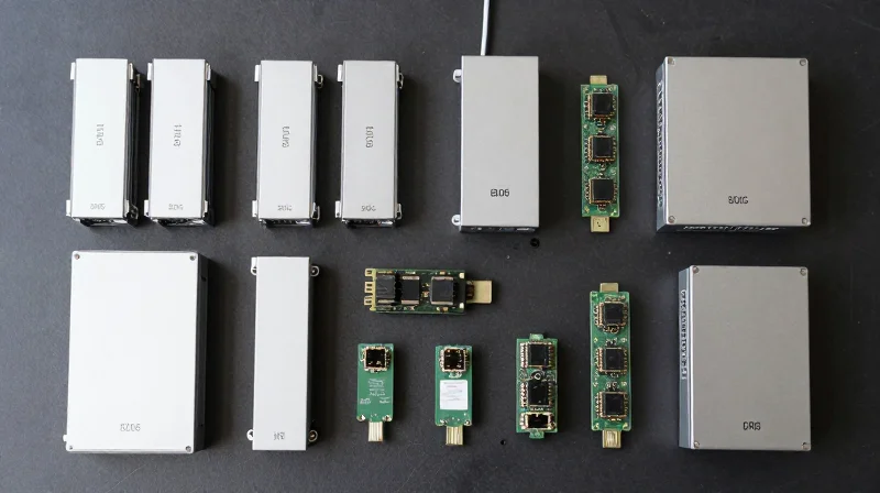Key Variants: 800G SR8, DR8, and 2xFR4 Explained A flat lay collection of various 800G optical transceiver modules.