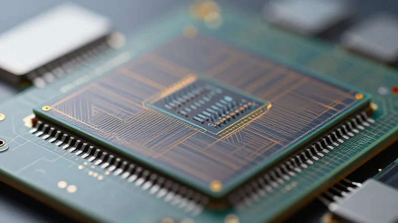 The Impact of Silicon Photonics on 800G Production Macro photograph of a silicon photonics circuit showing intricate optical paths.