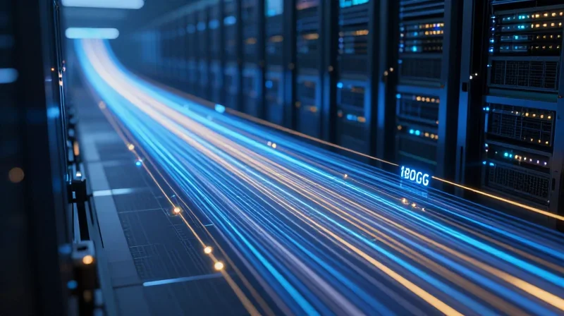 Abstract high-speed data transmission representing 800G bandwidth in an AI data center environment.