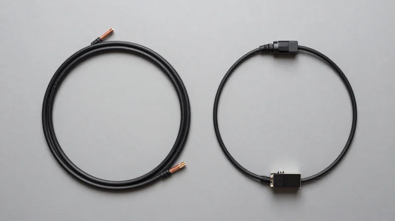 Flat lay arrangement of various networking interconnects including DAC, AOC, and optical modules.