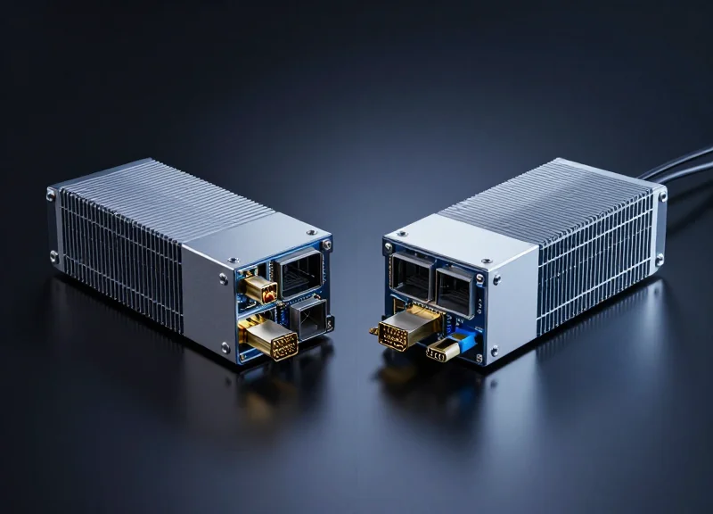 Two distinct models of high-speed optical transceiver modules for AI data centers placed side-by-side on a dark reflective surface, showcasing metallic textures and fiber optic connectors.