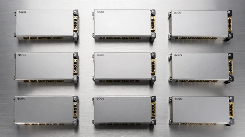 Understanding 800G Module Types: DR8, 2xFR4, and SR8 A collection of various 800G optical modules including SR8 and DR8 types neatly arranged on a high-tech surface.
