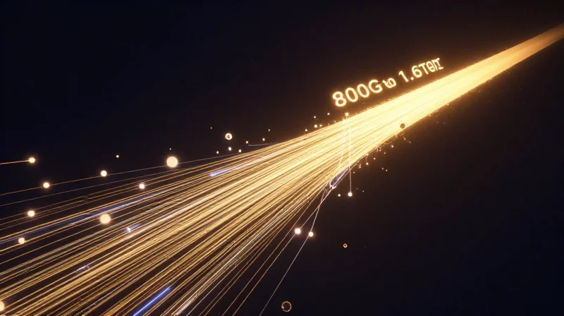 Future-Proofing: Transitioning from 800G to 1.6T Networks Conceptual image showing the evolution from 800G to 1.6T data transmission speeds with expanding light waves.