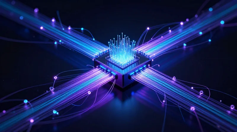 The Strategic Role of Networking in Modern AI Infrastructure Abstract representation of a neural network data bus with glowing fiber optics and high-speed connections.