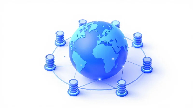 Scalability Challenges in Global Network Deployments Isometric view of multiple data centers across a globe connected by glowing light trails, representing scalability.