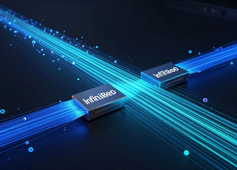 Abstract digital visualization of two distinct glowing data streams representing InfiniBand and Ethernet technologies in a high-tech AI networking environment.