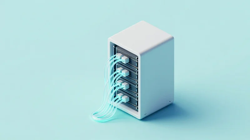 Architecting AI Clusters: The Role of Optical Interconnects Isometric 3D model of an AI data center rack with interconnected optical fibers.