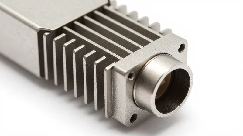 Solving the Heat Challenge: Advanced Thermal Management Macro view of the cooling fins and thermal design of an 800G transceiver.