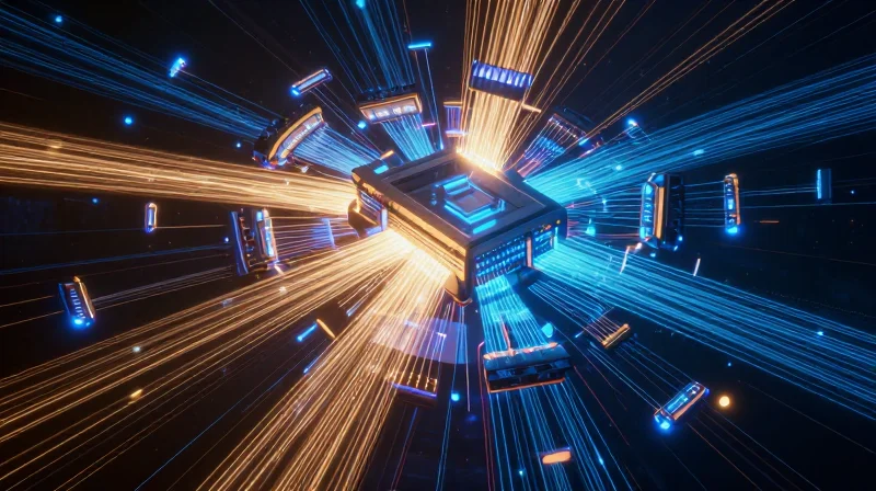 Abstract digital visualization of a high-speed GPU cluster network showing data flows and architectural bottlenecks.