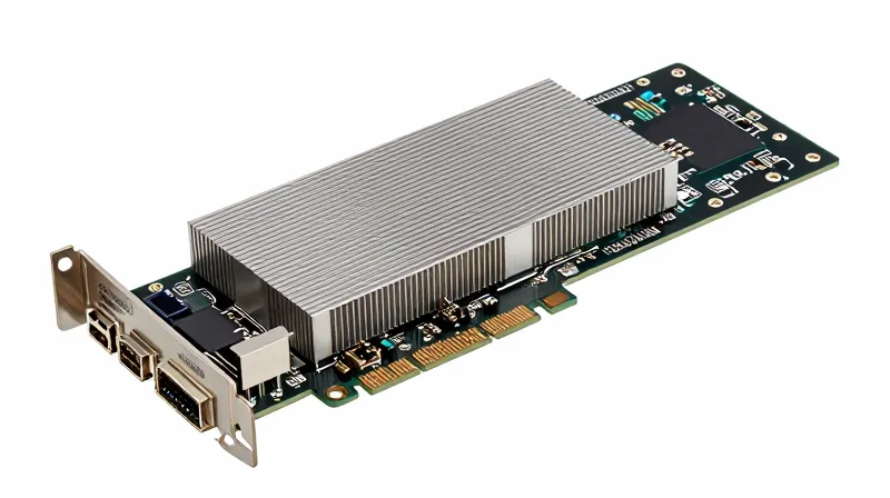 A professional studio shot of a high-speed InfiniBand network interface card with high-density ports.