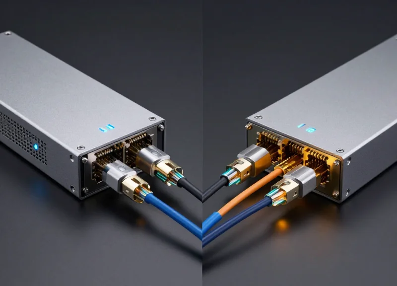 A professional side-by-side comparison of two high-performance networking transceivers and fiber optic connectors, one side with blue accents and the other with orange accents, in a studio setting.