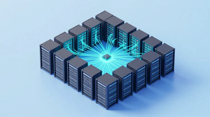 The Critical Role of Networking in Distributed AI Training Isometric 3D illustration of interconnected server clusters with glowing networking pathways