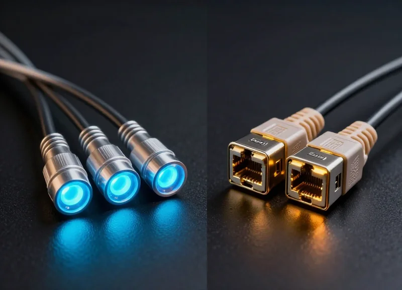 A professional side-by-side visual comparison of two high-performance networking cable types on a dark reflective surface, featuring glowing blue and amber data transmission effects.