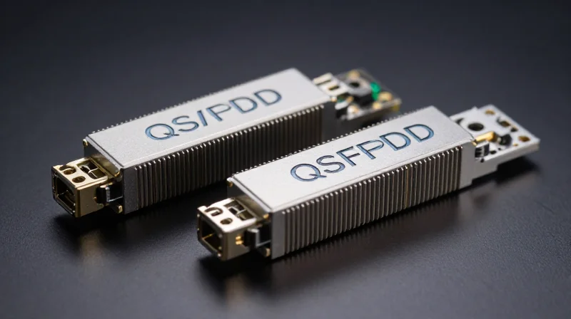 Form Factors: OSFP vs. QSFP-DD800 A high-detail comparison of OSFP and QSFP-DD800 optical module hardware on a professional surface.