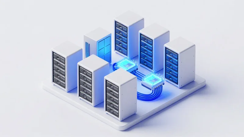Application Use Case: AI Training Clusters Isometric 3D model of a high-speed AI data center cluster with interconnecting optical links.