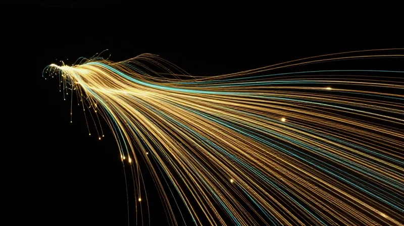 Abstract visualization of high-speed data streams in a dark digital space representing 800G bandwidth.