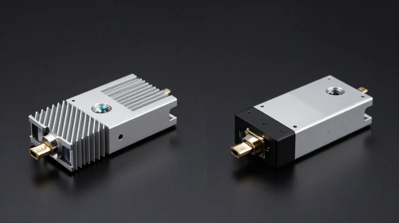 Two different metallic optical transceiver modules side-by-side on a dark tech surface without text labels.