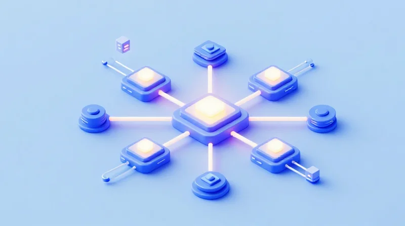 Isometric 3D model of a circuit board architecture with connected modules and light paths.