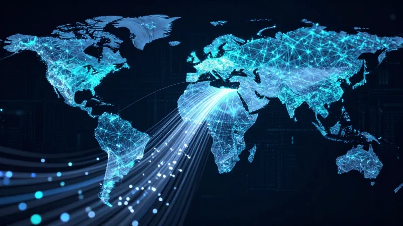 The Strategic Shift to 800G Connectivity Abstract global network web with glowing nodes and high-speed fiber optic data streams.
