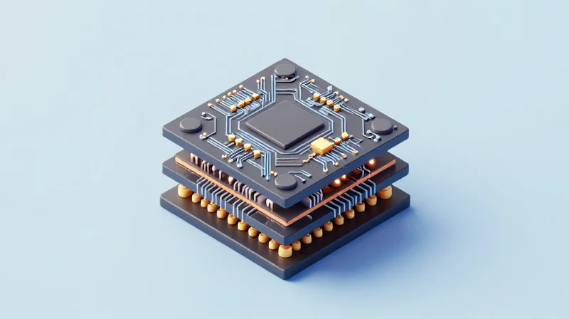 Technical Deep Dive: Inside Ubytelink’s 800G Architecture Isometric 3D illustration of a silicon photonics circuit board and internal modules.