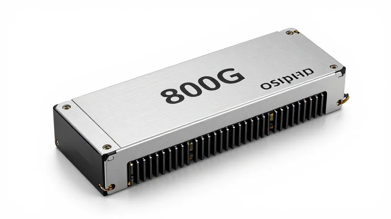 Seamless Integration and Global Standards Compliance A high-tech 800G OSFP optical transceiver module on a clean white background.