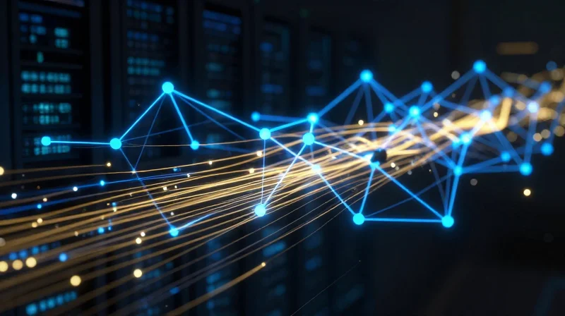 The Rise of 800G: Meeting the Demands of AI and Machine Learning Abstract representation of high-speed 800G connectivity supporting AI and machine learning infrastructure with glowing data nodes.