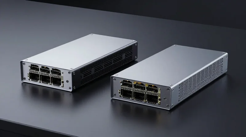 Understanding 800G Form Factors: OSFP vs. QSFP-DD800 Comparison showing two different 800G optical transceiver form factors side-by-side on a dark professional surface.