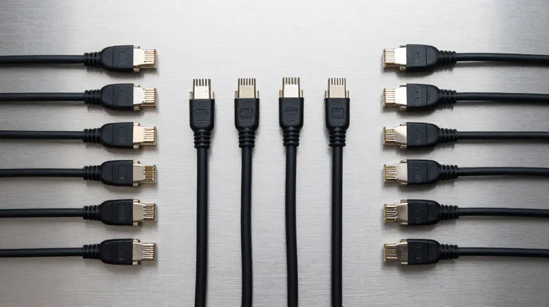 Media Options: DAC, AOC, and Structured Cabling Flat lay photography of various networking cables including DAC and AOC neatly arranged.