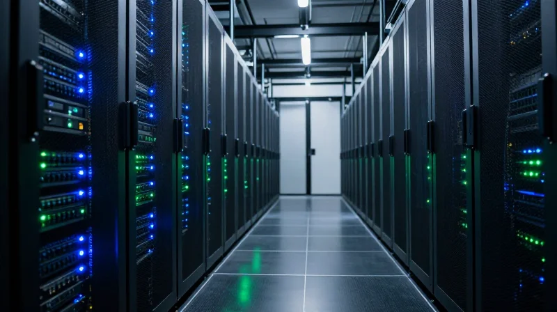 Deployment Use Cases: Hyperscale and Cloud Infrastructure Wide cinematic shot of a modern hyperscale data center with glowing server racks.