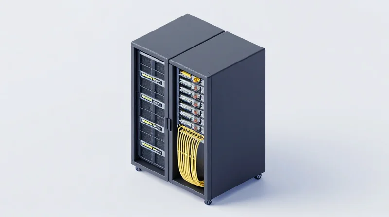 Physical Infrastructure and Rack Space Optimization 3D isometric model of organized data center server racks with high-density cabling.