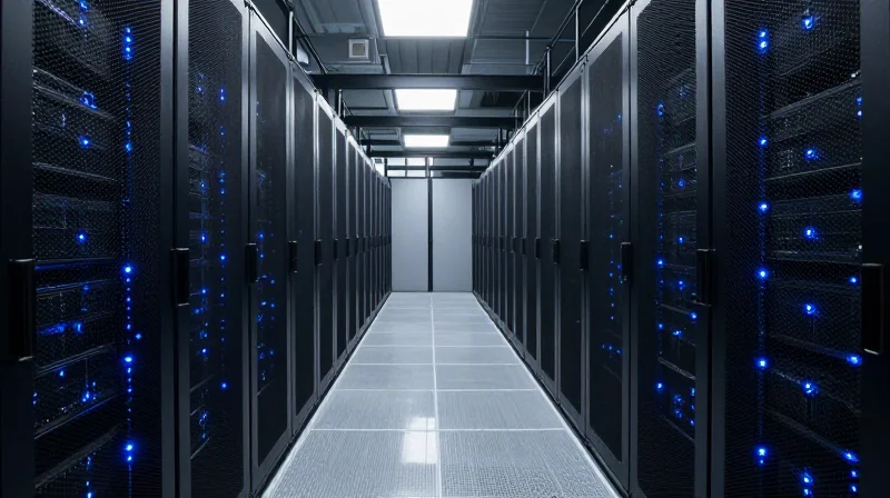 Solving the Bandwidth Bottleneck: Use Cases in Hyperscale Data Centers A wide-angle cinematic view of a modern hyperscale data center with glowing server racks.