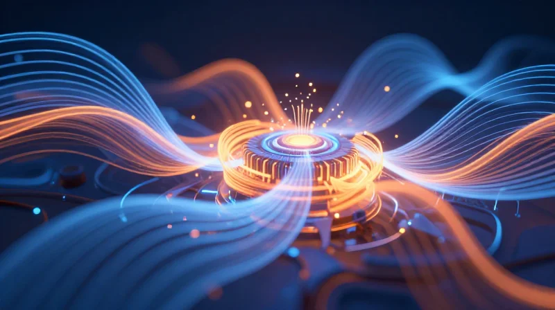Power Efficiency and Thermal Management in 2x400G Modules Abstract tech visualization showing heat dissipation and cooling flows within a module.