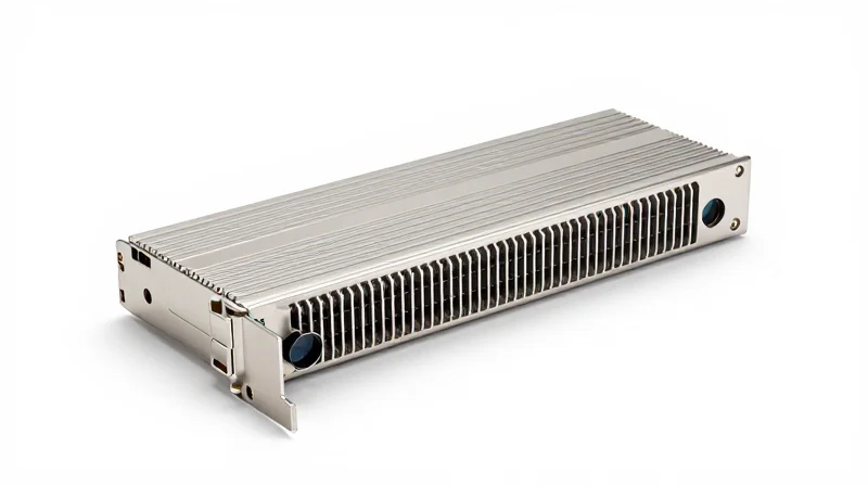 Technical Specifications: What to Look for in High-Quality Modules A high-quality 2x400G optical transceiver module with metallic finish and heat sink details on a clean white background.