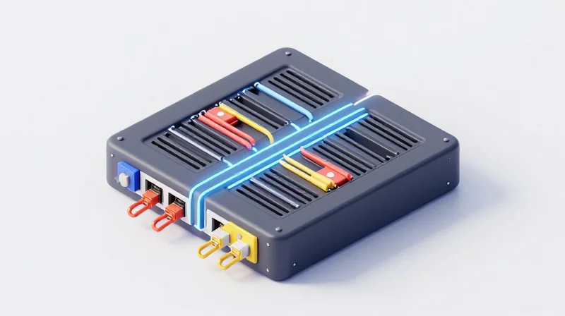 Interoperability and Compatibility Testing Isometric 3D illustration of different networking modules fitting seamlessly into a central network switch, representing multi-vendor interoperability.